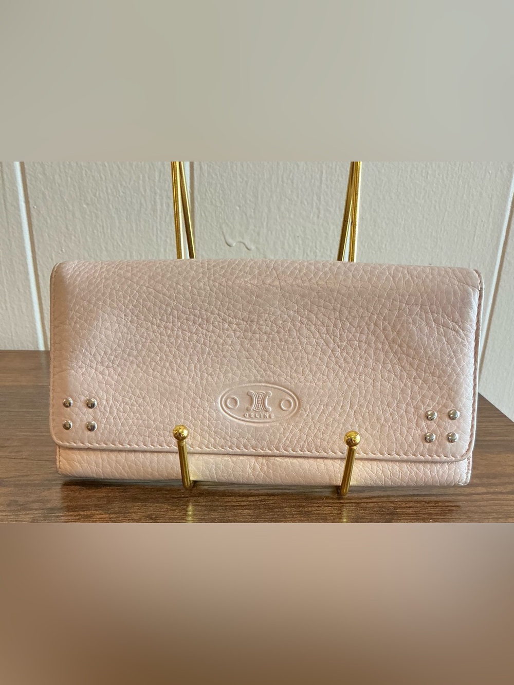 Vintage CELINE Large Flap Multifunction Grained Leather Wallet Pink Silver Stud